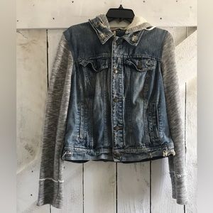 Free People Distressed Denim Jean Jacket Knit Hoodie Sleeves